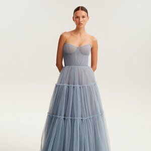 Blue Ruched Strapless Maxi Gown for Weddings